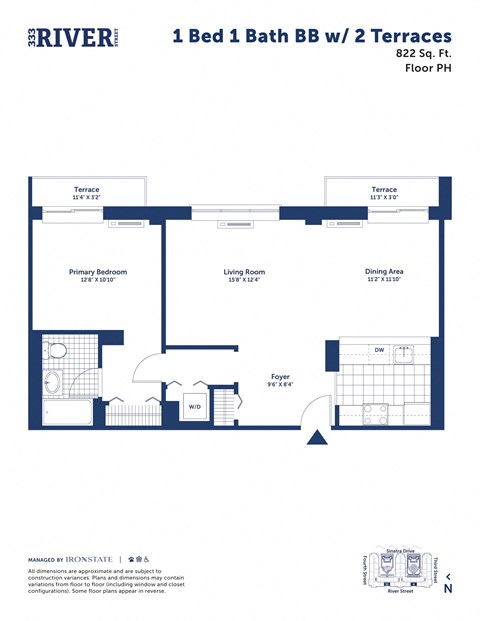Floor plan for 1 bed, 1 bath, 822 sqft